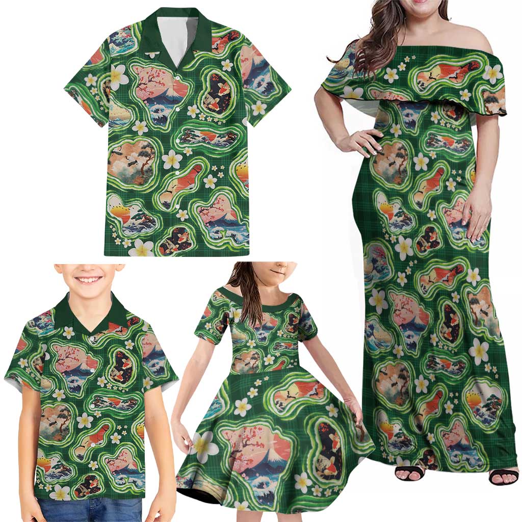 Hawaiian and Japanese Culture Together Family Matching Off Shoulder Maxi Dress and Hawaiian Shirt Hawaiian Island Shapes with Japanese Landscape Green Color LT03 - Polynesian Pride