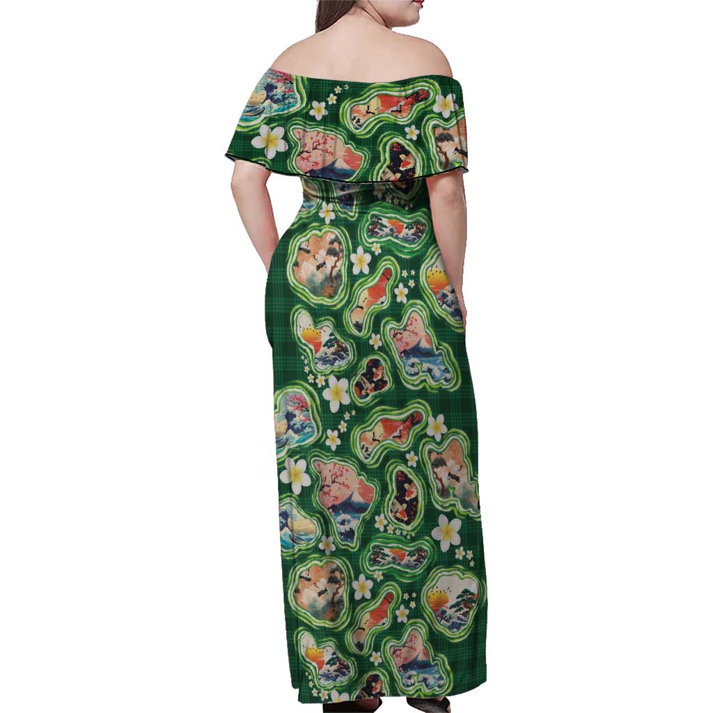 Hawaiian and Japanese Culture Together Family Matching Off Shoulder Maxi Dress and Hawaiian Shirt Hawaiian Island Shapes with Japanese Landscape Green Color LT03 - Polynesian Pride