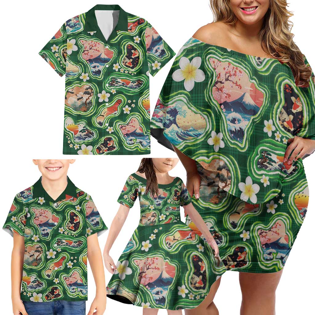Hawaiian and Japanese Culture Together Family Matching Off Shoulder Short Dress and Hawaiian Shirt Hawaiian Island Shapes with Japanese Landscape Green Color