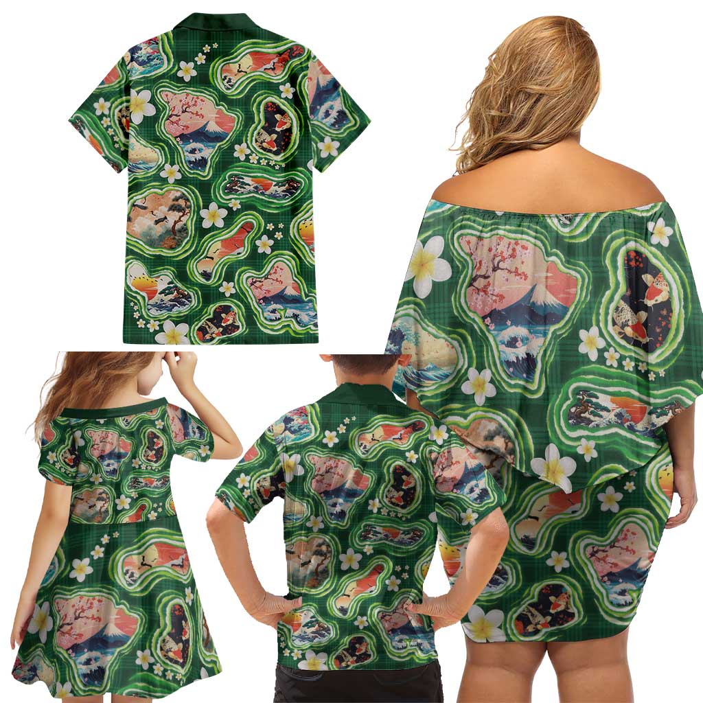 Hawaiian and Japanese Culture Together Family Matching Off Shoulder Short Dress and Hawaiian Shirt Hawaiian Island Shapes with Japanese Landscape Green Color LT03 - Polynesian Pride