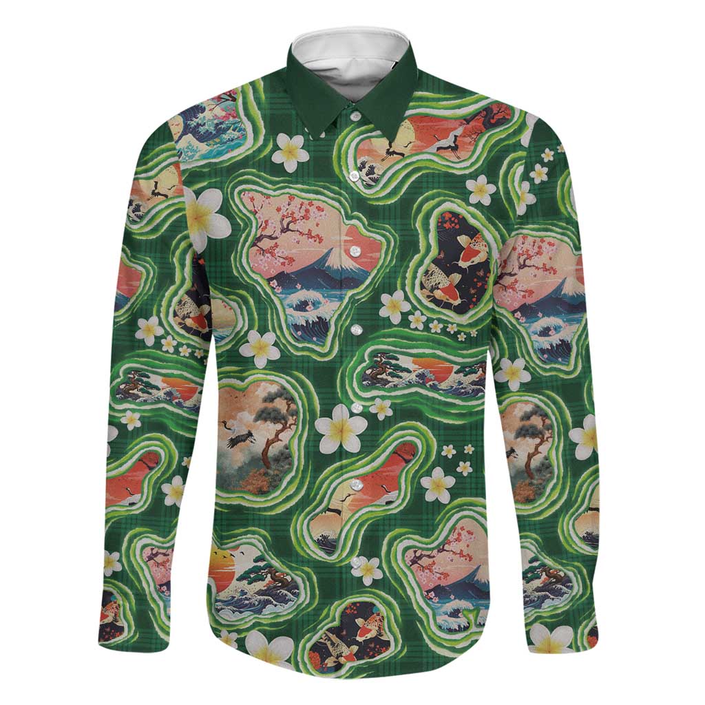 Hawaiian and Japanese Culture Together Family Matching Puletasi and Hawaiian Shirt Hawaiian Island Shapes with Japanese Landscape Green Color LT03 Dad's Shirt - Long Sleeve Green - Polynesian Pride