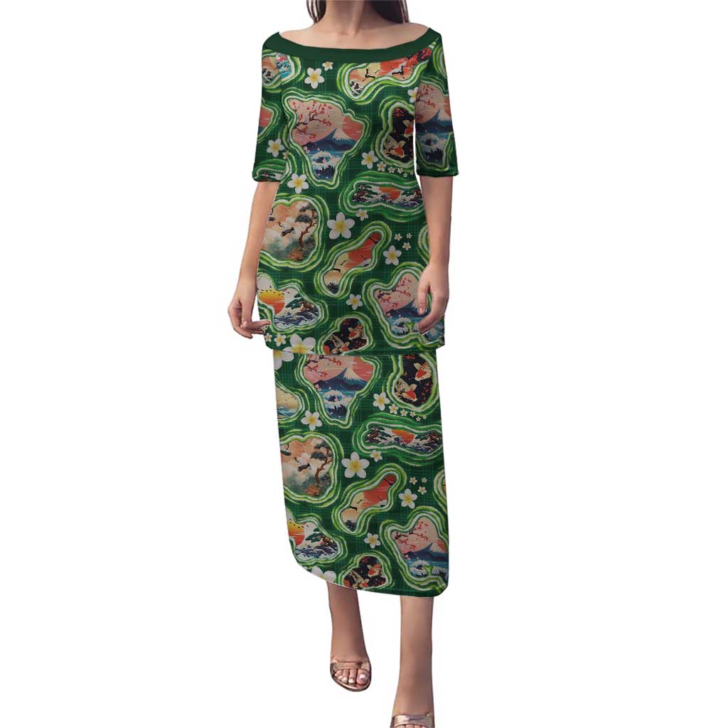 Hawaiian and Japanese Culture Together Family Matching Puletasi and Hawaiian Shirt Hawaiian Island Shapes with Japanese Landscape Green Color LT03 Mom's Dress Green - Polynesian Pride