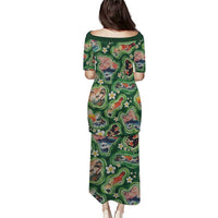 Hawaiian and Japanese Culture Together Family Matching Puletasi and Hawaiian Shirt Hawaiian Island Shapes with Japanese Landscape Green Color LT03 - Polynesian Pride