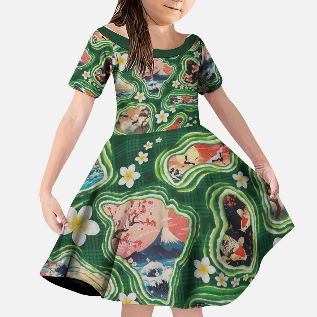 Hawaiian and Japanese Culture Together Family Matching Summer Maxi Dress and Hawaiian Shirt Hawaiian Island Shapes with Japanese Landscape Green Color LT03 Daughter's Dress Green - Polynesian Pride