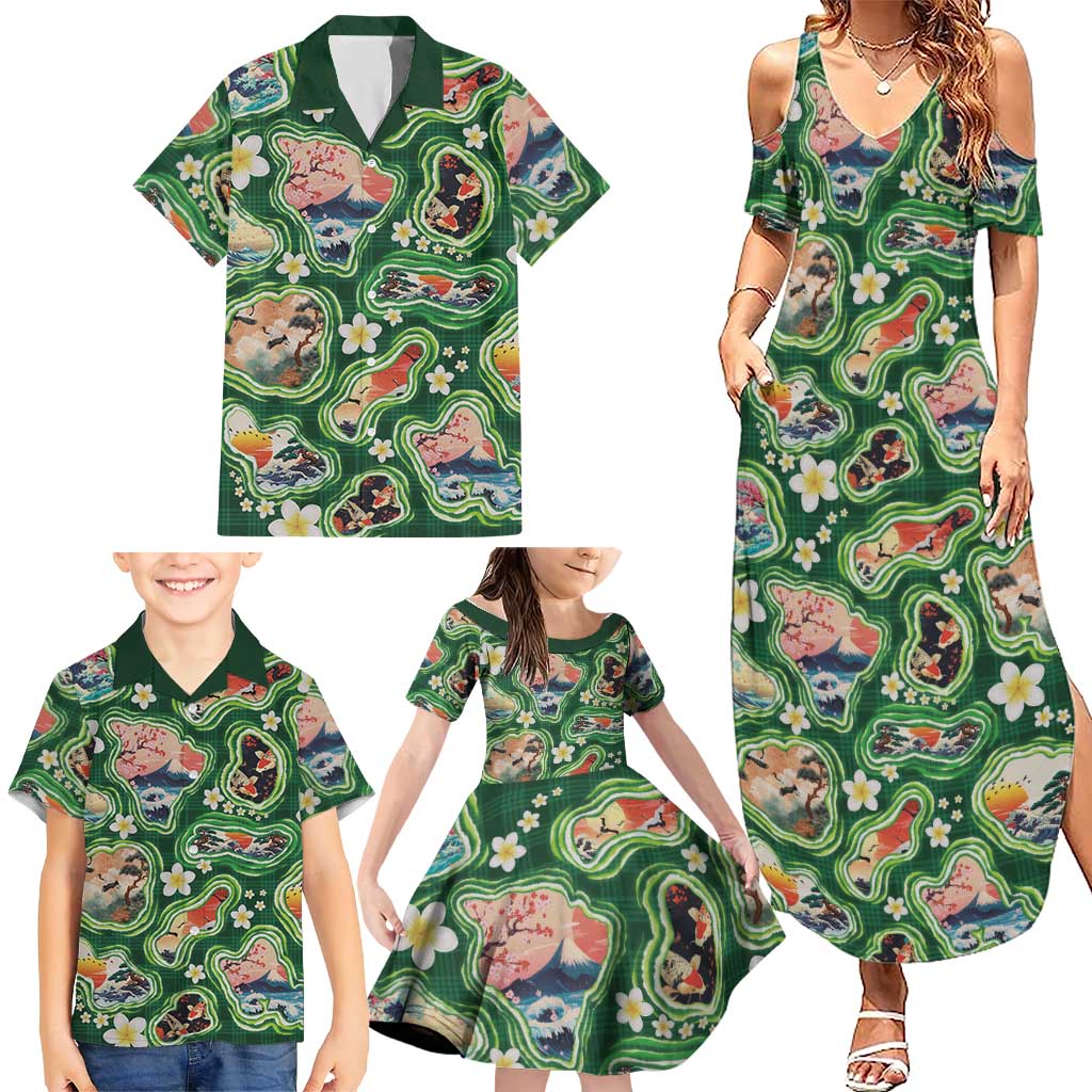 Hawaiian and Japanese Culture Together Family Matching Summer Maxi Dress and Hawaiian Shirt Hawaiian Island Shapes with Japanese Landscape Green Color LT03 - Polynesian Pride