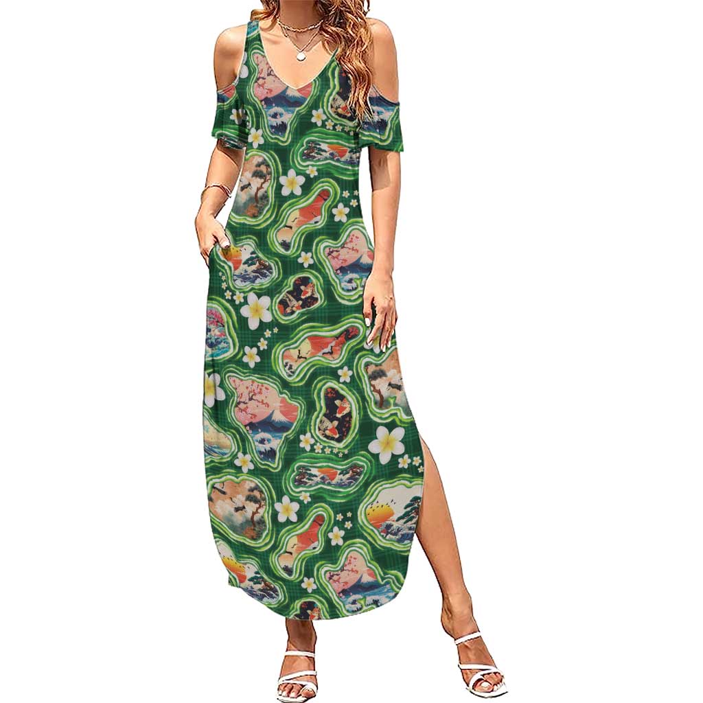 Hawaiian and Japanese Culture Together Family Matching Summer Maxi Dress and Hawaiian Shirt Hawaiian Island Shapes with Japanese Landscape Green Color LT03 Mom's Dress Green - Polynesian Pride