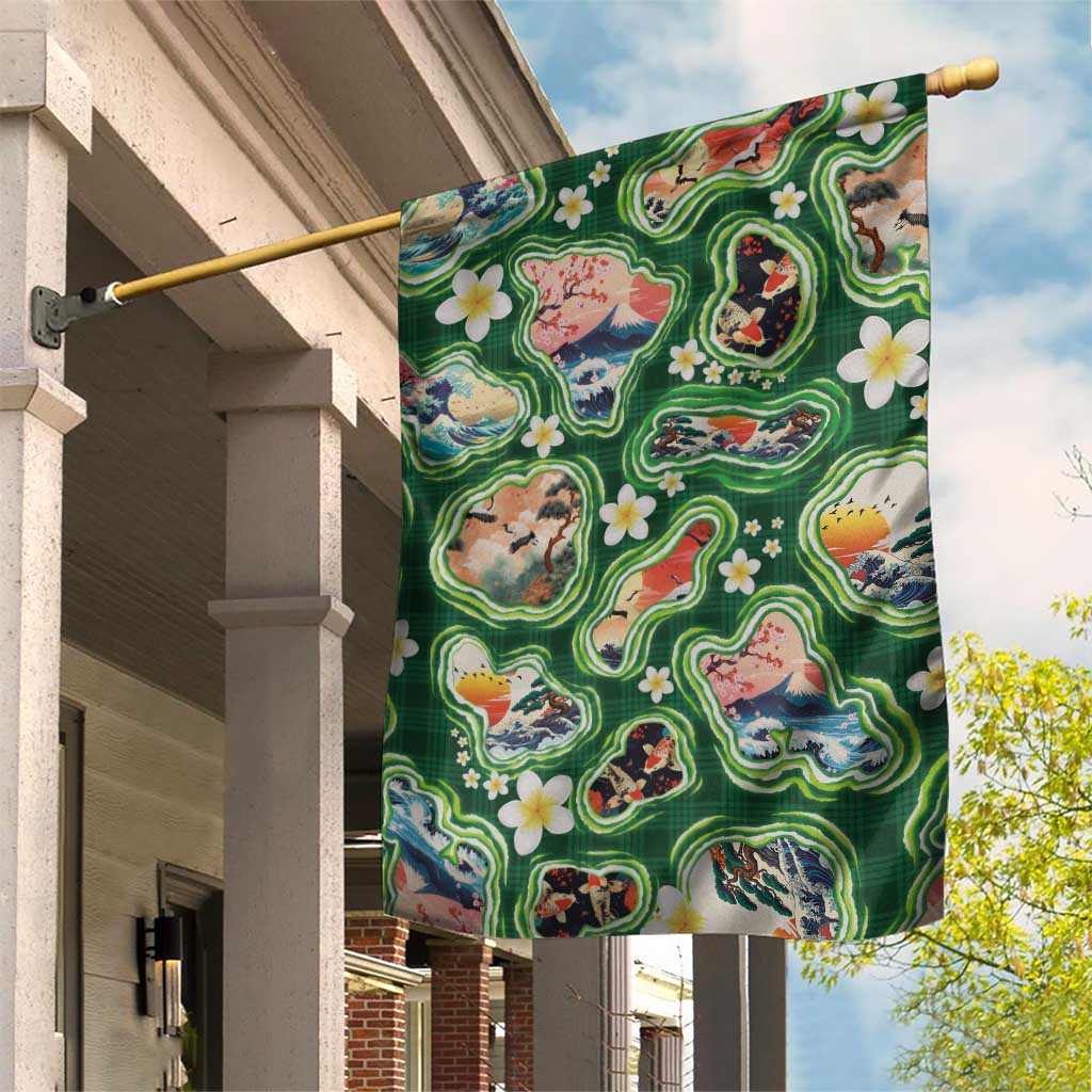 Hawaiian and Japanese Culture Together Garden Flag Hawaiian Island Shapes with Japanese Landscape Green Color LT03 House Flag Green - Polynesian Pride