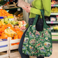 Hawaiian and Japanese Culture Together Grocery Bag Hawaiian Island Shapes with Japanese Landscape Green Color LT03 - Polynesian Pride