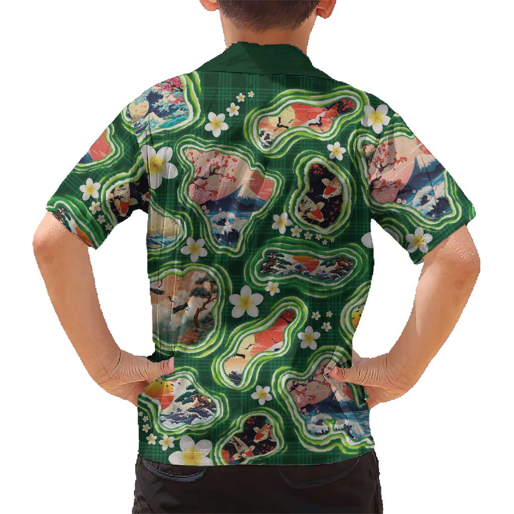 Hawaiian and Japanese Culture Together Hawaiian Shirt Hawaiian Island Shapes with Japanese Landscape Green Color LT03 - Polynesian Pride
