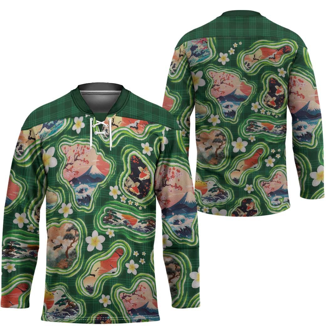 Hawaiian and Japanese Culture Together Hockey Jersey Hawaiian Island Shapes with Japanese Landscape Green Color LT03 - Polynesian Pride