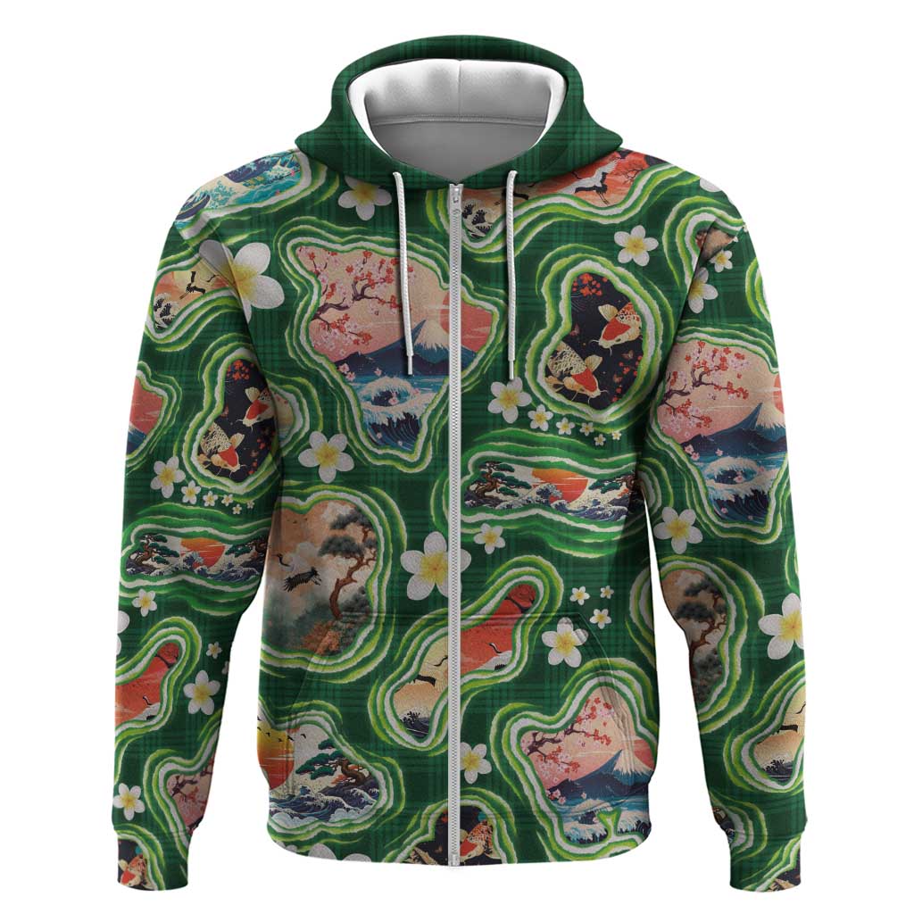 Hawaiian and Japanese Culture Together Hoodie Hawaiian Island Shapes with Japanese Landscape Green Color LT03 Zip Hoodie Green - Polynesian Pride
