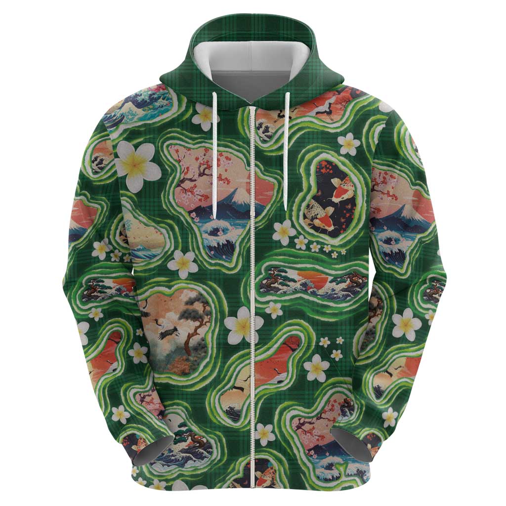 Hawaiian and Japanese Culture Together Hoodie Hawaiian Island Shapes with Japanese Landscape Green Color LT03 - Polynesian Pride