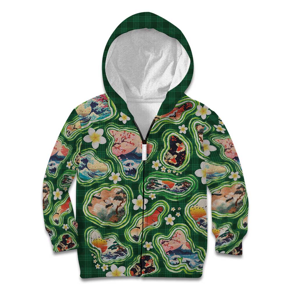 Hawaiian and Japanese Culture Together Kid Hoodie Hawaiian Island Shapes with Japanese Landscape Green Color LT03 Zip Hoodie Green - Polynesian Pride