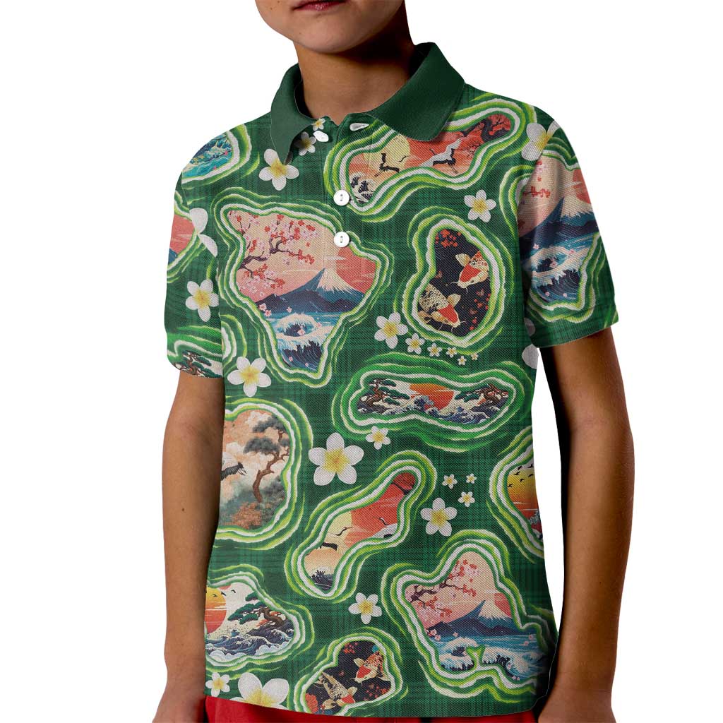 Hawaiian and Japanese Culture Together Kid Polo Shirt Hawaiian Island Shapes with Japanese Landscape Green Color