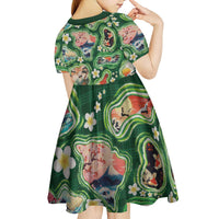 Hawaiian and Japanese Culture Together Kid Short Sleeve Dress Hawaiian Island Shapes with Japanese Landscape Green Color LT03 - Polynesian Pride
