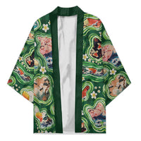 Hawaiian and Japanese Culture Together Kimono Hawaiian Island Shapes with Japanese Landscape Green Color LT03 Unisex Green - Polynesian Pride