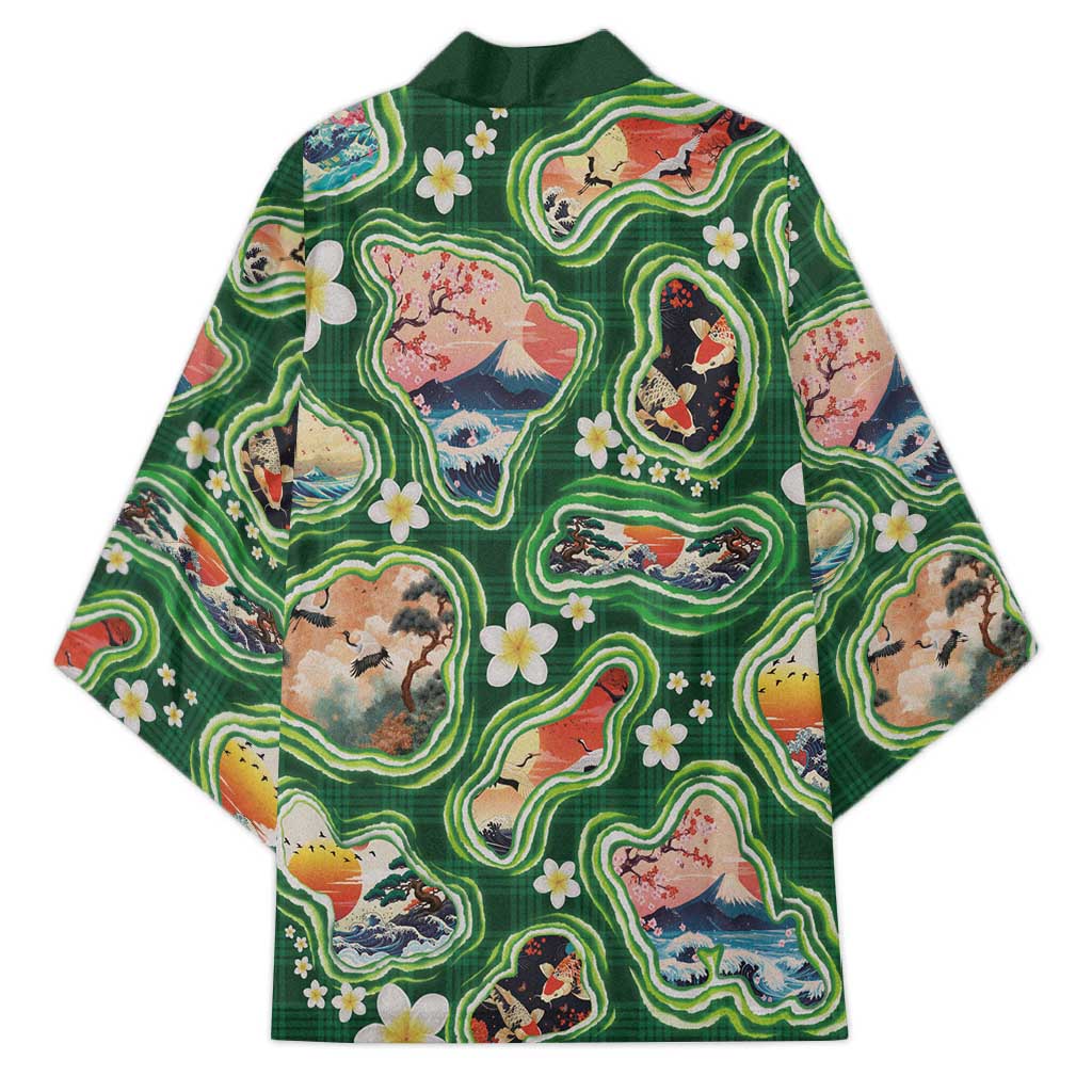 Hawaiian and Japanese Culture Together Kimono Hawaiian Island Shapes with Japanese Landscape Green Color LT03 - Polynesian Pride