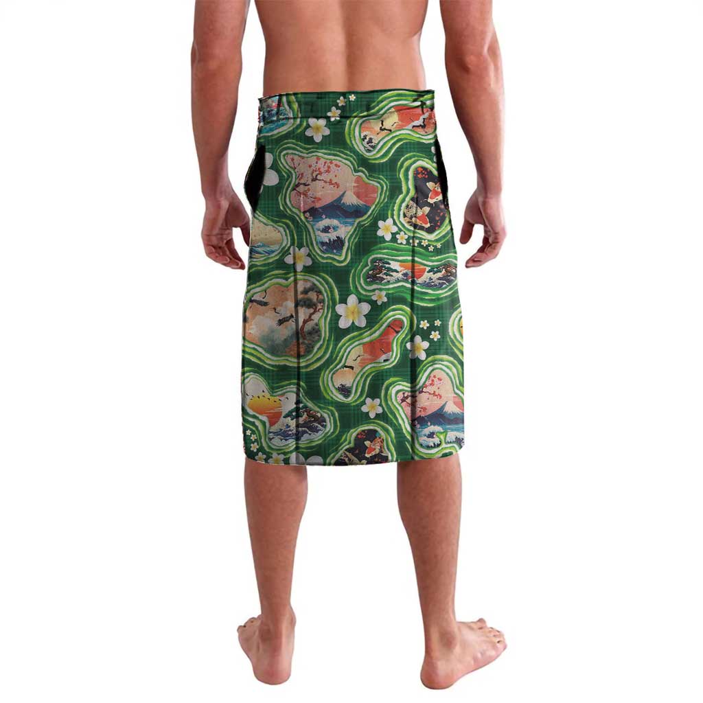 Hawaiian and Japanese Culture Together Lavalava Hawaiian Island Shapes with Japanese Landscape Green Color LT03 - Polynesian Pride