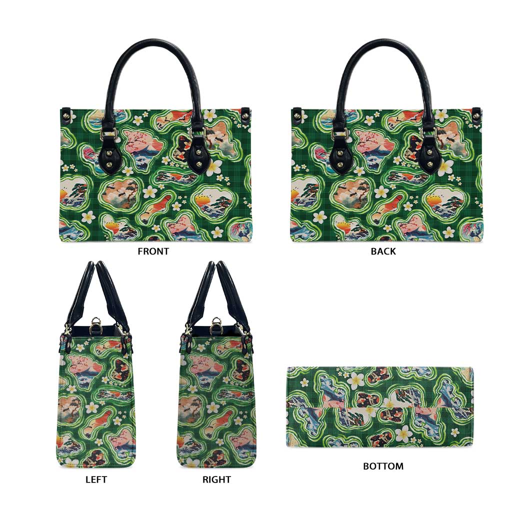 Hawaiian and Japanese Culture Together Leather Bag Hawaiian Island Shapes with Japanese Landscape Green Color LT03 - Polynesian Pride