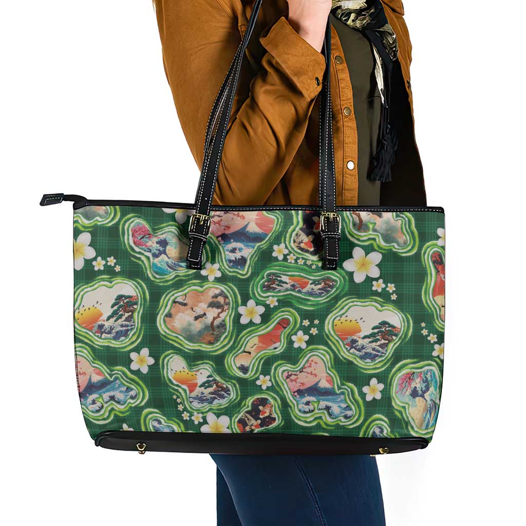 Hawaiian and Japanese Culture Together Leather Tote Bag Hawaiian Island Shapes with Japanese Landscape Green Color LT03 - Polynesian Pride