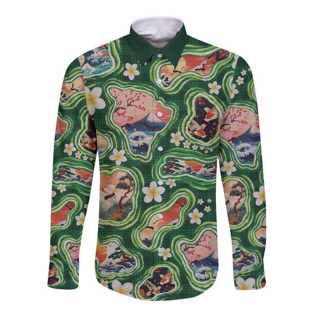 Hawaiian and Japanese Culture Together Long Sleeve Button Shirt Hawaiian Island Shapes with Japanese Landscape Green Color
