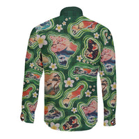 Hawaiian and Japanese Culture Together Long Sleeve Button Shirt Hawaiian Island Shapes with Japanese Landscape Green Color LT03 - Polynesian Pride