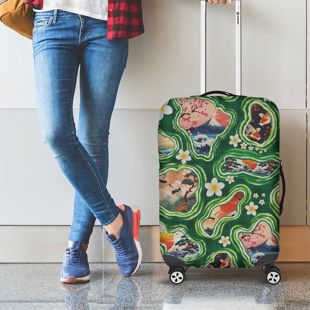 Hawaiian and Japanese Culture Together Luggage Cover Hawaiian Island Shapes with Japanese Landscape Green Color LT03 - Polynesian Pride