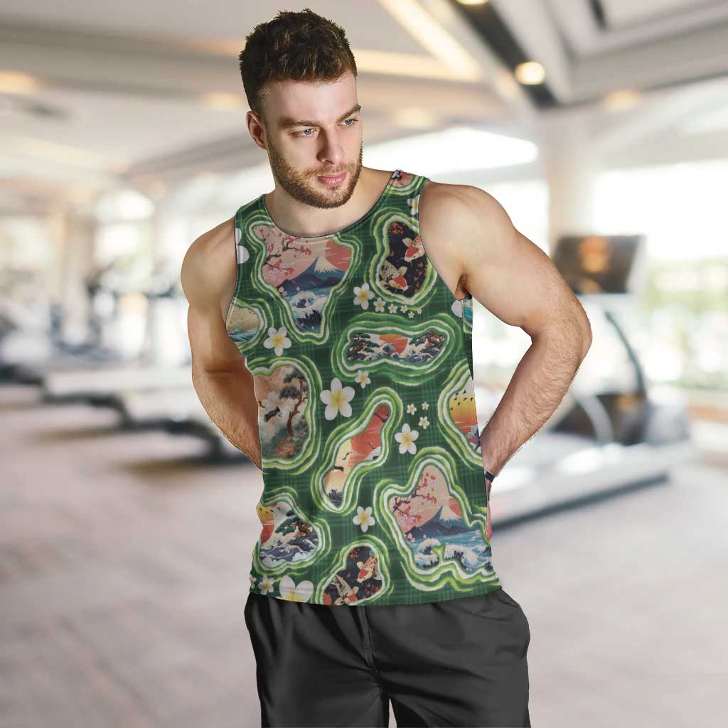Hawaiian and Japanese Culture Together Men Tank Top Hawaiian Island Shapes with Japanese Landscape Green Color