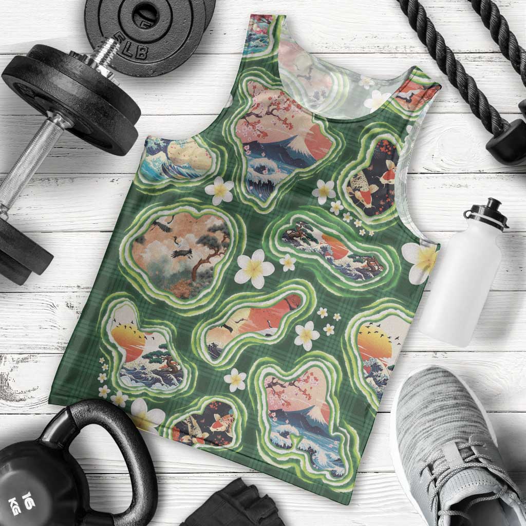Hawaiian and Japanese Culture Together Men Tank Top Hawaiian Island Shapes with Japanese Landscape Green Color LT03 - Polynesian Pride