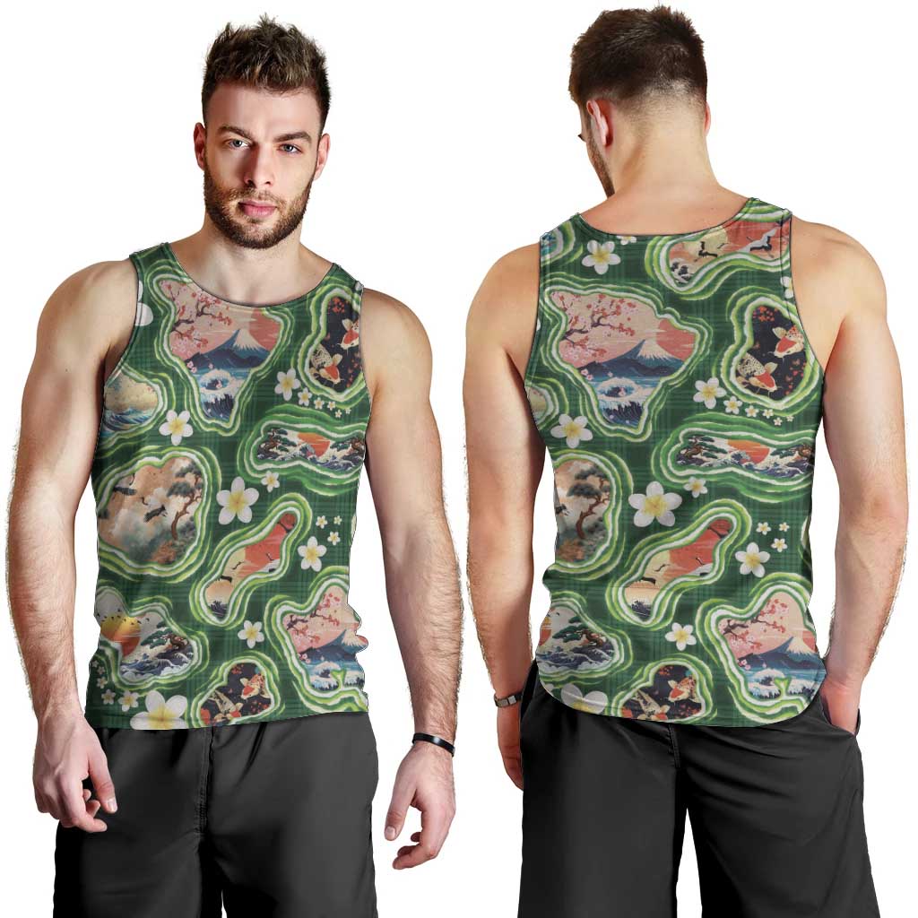 Hawaiian and Japanese Culture Together Men Tank Top Hawaiian Island Shapes with Japanese Landscape Green Color LT03 - Polynesian Pride