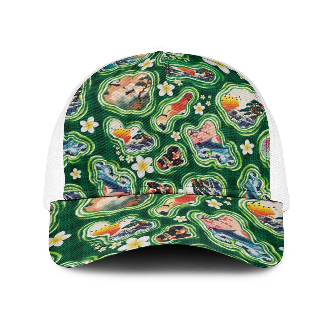 Hawaiian and Japanese Culture Together Mesh Trucker Cap Hawaiian Island Shapes with Japanese Landscape Green Color LT03 One Size White Green - Polynesian Pride