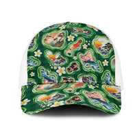 Hawaiian and Japanese Culture Together Mesh Trucker Cap Hawaiian Island Shapes with Japanese Landscape Green Color LT03 One Size White Green - Polynesian Pride