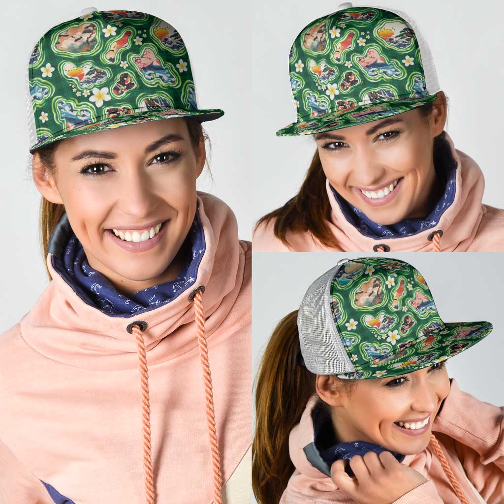 Hawaiian and Japanese Culture Together Mesh Trucker Cap Hawaiian Island Shapes with Japanese Landscape Green Color LT03 - Polynesian Pride