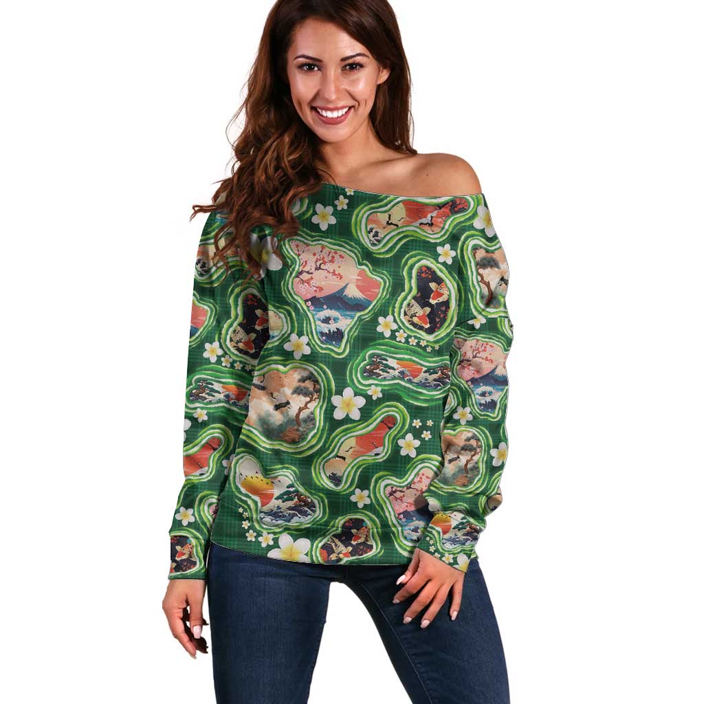 Hawaiian and Japanese Culture Together Off Shoulder Sweater Hawaiian Island Shapes with Japanese Landscape Green Color LT03 Women Green - Polynesian Pride