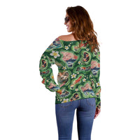 Hawaiian and Japanese Culture Together Off Shoulder Sweater Hawaiian Island Shapes with Japanese Landscape Green Color LT03 - Polynesian Pride
