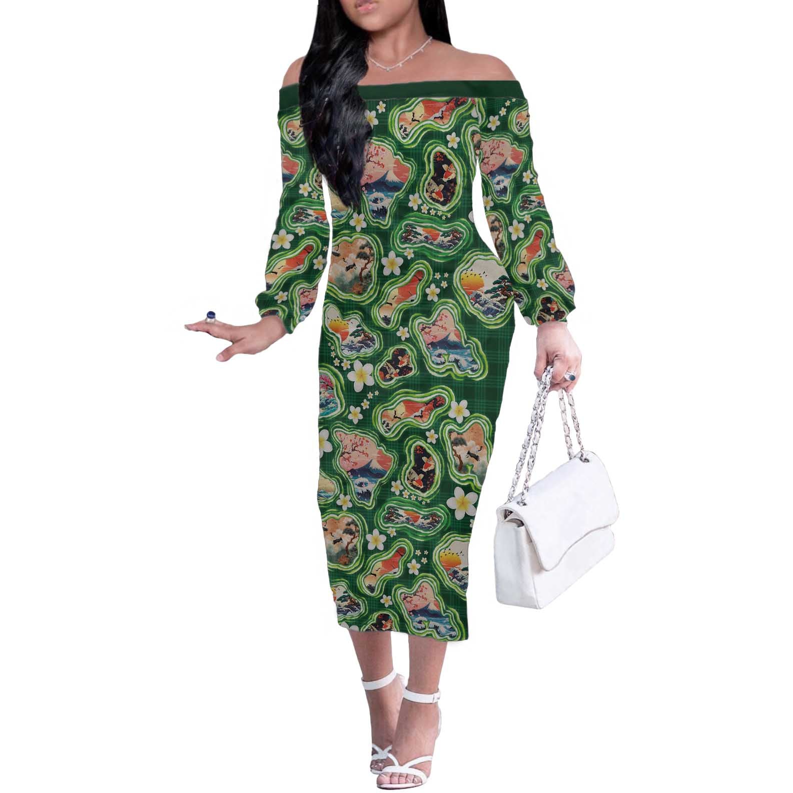 Hawaiian and Japanese Culture Together Off The Shoulder Long Sleeve Dress Hawaiian Island Shapes with Japanese Landscape Green Color