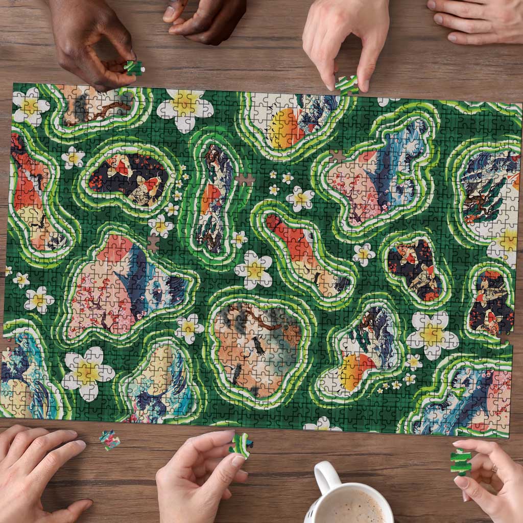 Hawaiian and Japanese Culture Together Puzzle Hawaiian Island Shapes with Japanese Landscape Green Color LT03 - Polynesian Pride