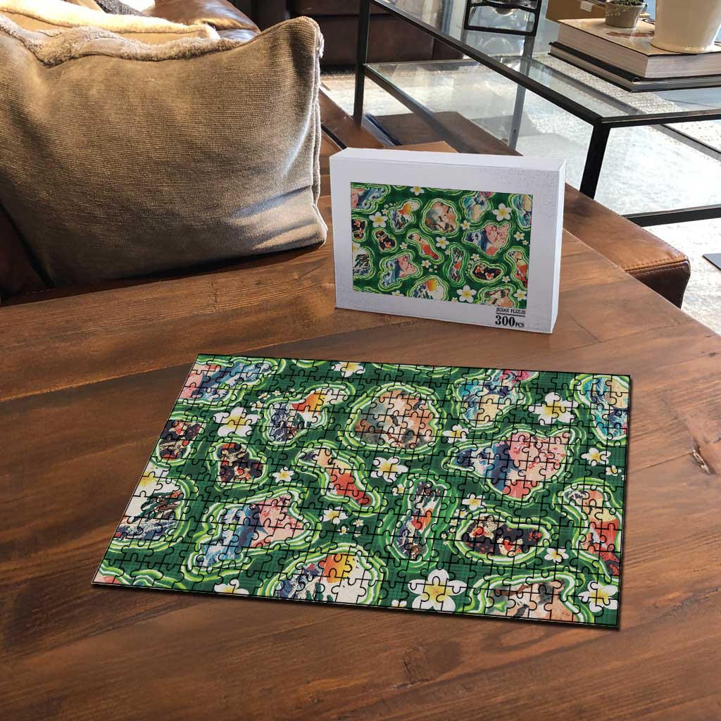 Hawaiian and Japanese Culture Together Puzzle Hawaiian Island Shapes with Japanese Landscape Green Color LT03 - Polynesian Pride