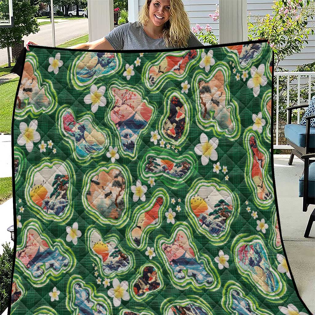 Hawaiian and Japanese Culture Together Quilt Hawaiian Island Shapes with Japanese Landscape Green Color