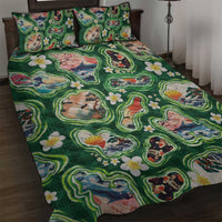 Hawaiian and Japanese Culture Together Quilt Bed Set Hawaiian Island Shapes with Japanese Landscape Green Color LT03 Green - Polynesian Pride