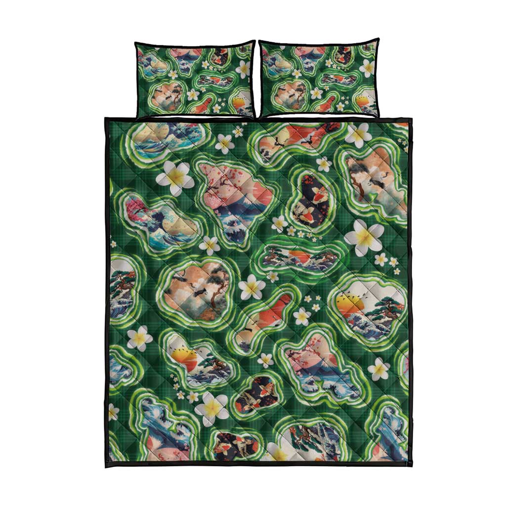 Hawaiian and Japanese Culture Together Quilt Bed Set Hawaiian Island Shapes with Japanese Landscape Green Color LT03 - Polynesian Pride