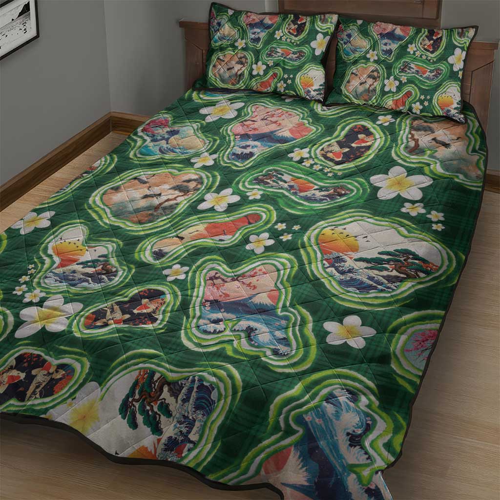 Hawaiian and Japanese Culture Together Quilt Bed Set Hawaiian Island Shapes with Japanese Landscape Green Color LT03 - Polynesian Pride
