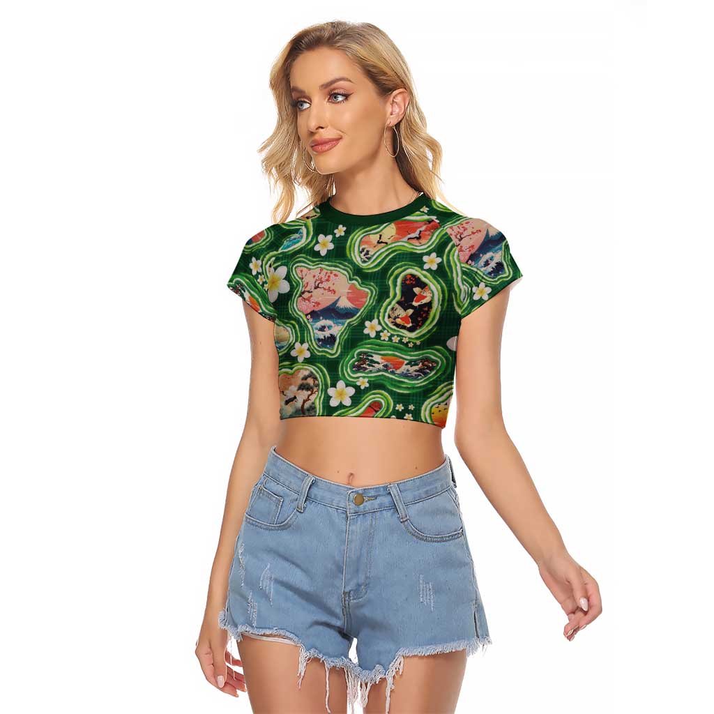 Hawaiian and Japanese Culture Together Raglan Cropped T Shirt Hawaiian Island Shapes with Japanese Landscape Green Color
