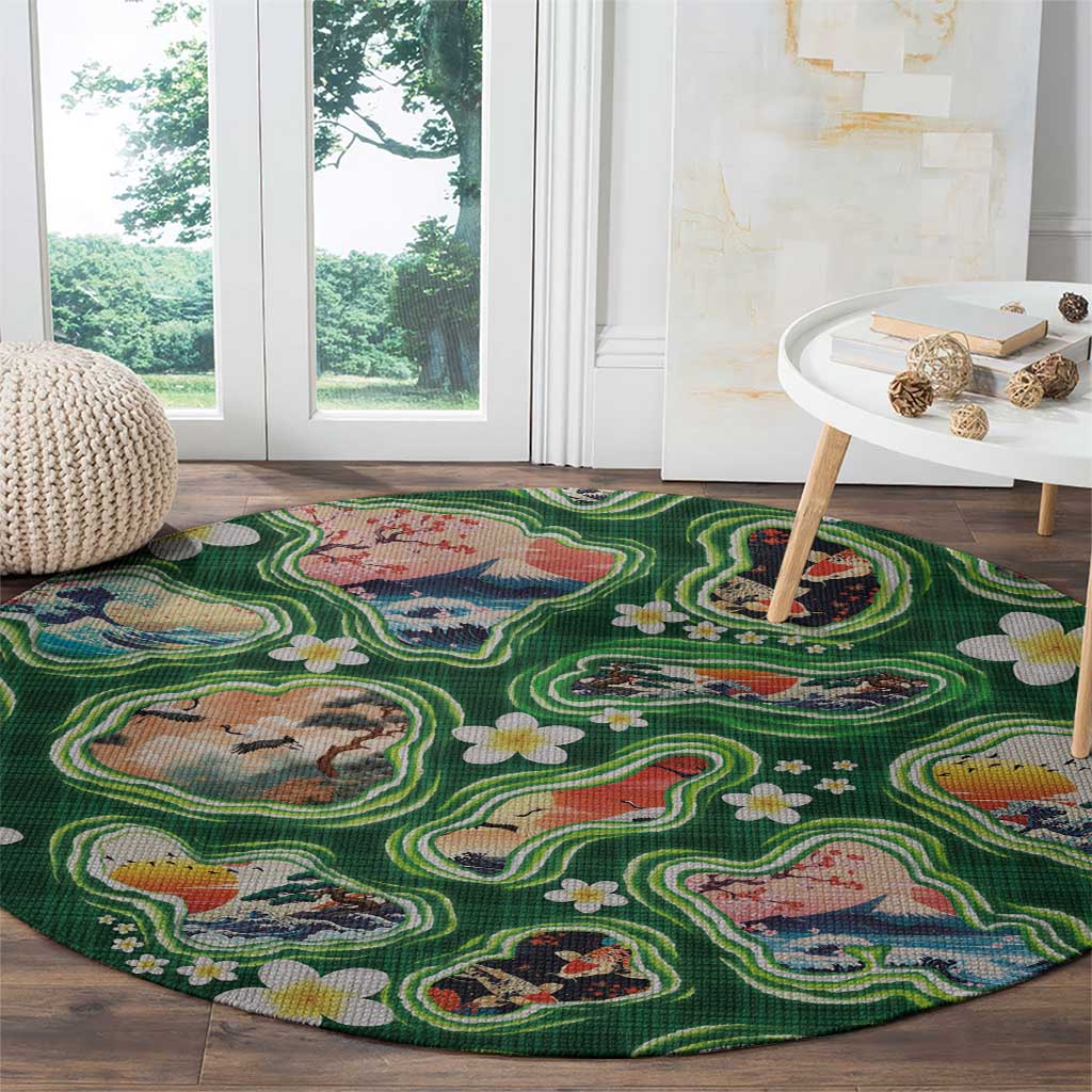 Hawaiian and Japanese Culture Together Round Carpet Hawaiian Island Shapes with Japanese Landscape Green Color LT03 - Polynesian Pride