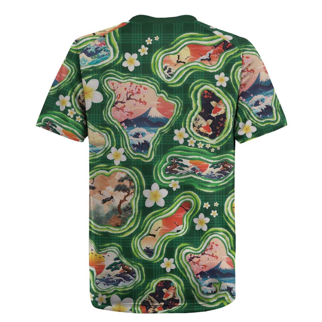 Hawaiian and Japanese Culture Together Rugby Jersey Hawaiian Island Shapes with Japanese Landscape Green Color LT03 - Polynesian Pride