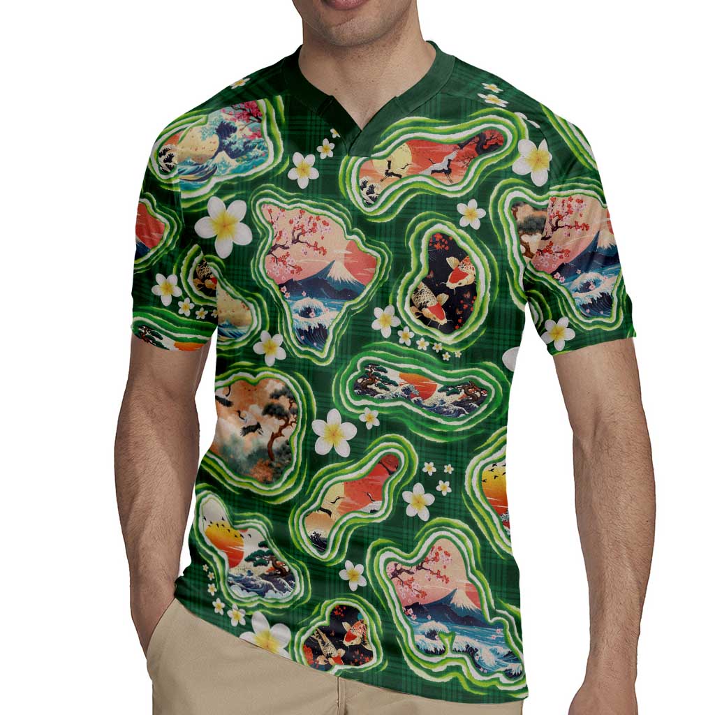 Hawaiian and Japanese Culture Together Rugby Jersey Hawaiian Island Shapes with Japanese Landscape Green Color LT03 - Polynesian Pride