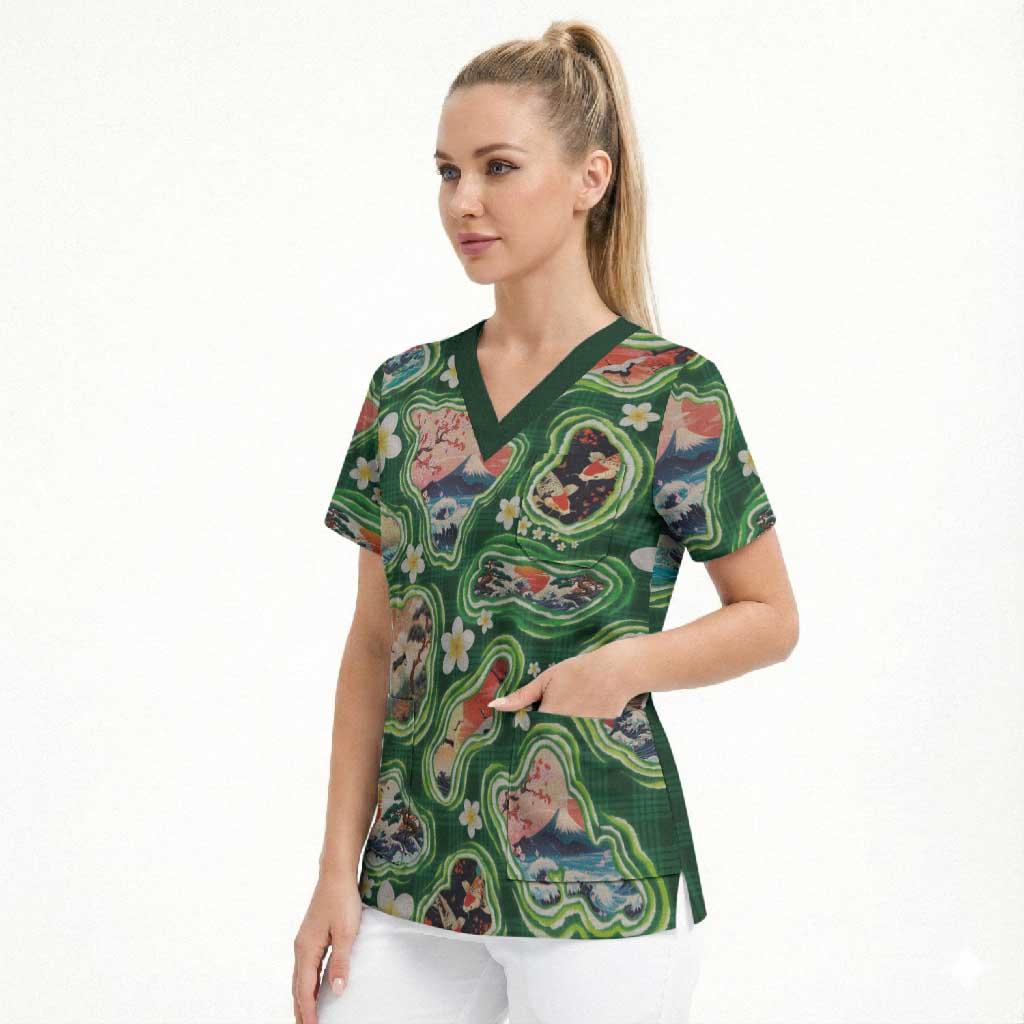 Hawaiian and Japanese Culture Together Scrub Top Hawaiian Island Shapes with Japanese Landscape Green Color LT03 - Polynesian Pride
