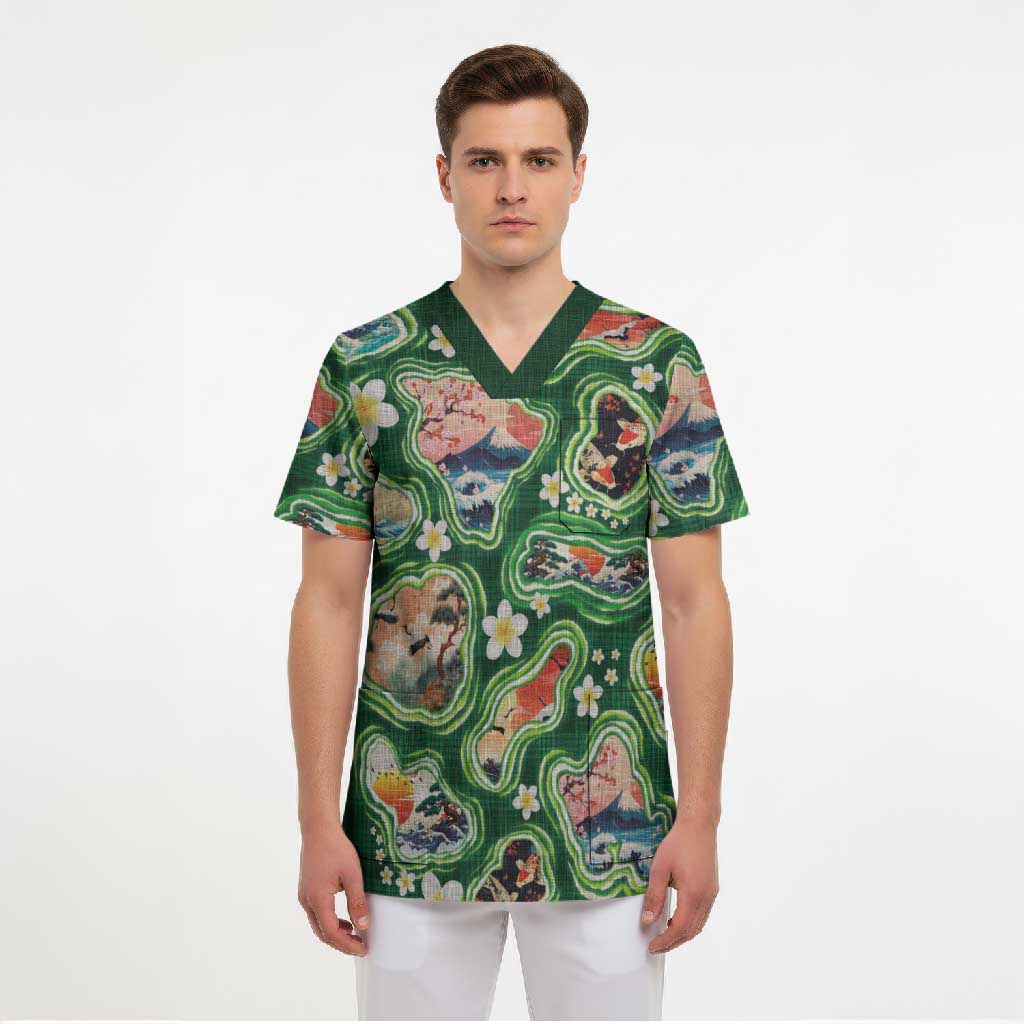 Hawaiian and Japanese Culture Together Scrub Top Hawaiian Island Shapes with Japanese Landscape Green Color LT03 - Polynesian Pride