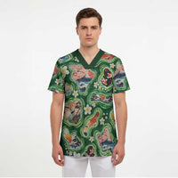 Hawaiian and Japanese Culture Together Scrub Top Hawaiian Island Shapes with Japanese Landscape Green Color LT03 - Polynesian Pride