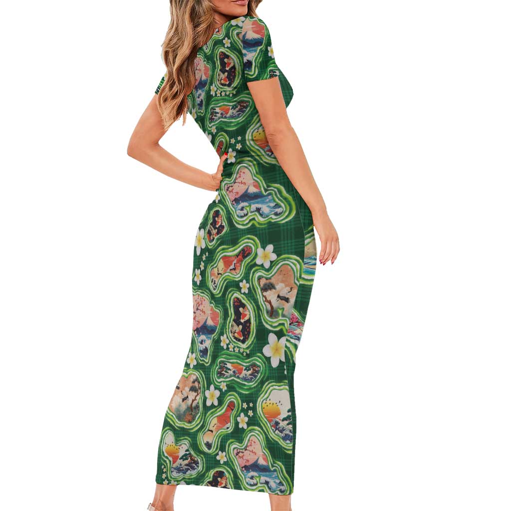 Hawaiian and Japanese Culture Together Short Sleeve Bodycon Dress Hawaiian Island Shapes with Japanese Landscape Green Color LT03 - Polynesian Pride